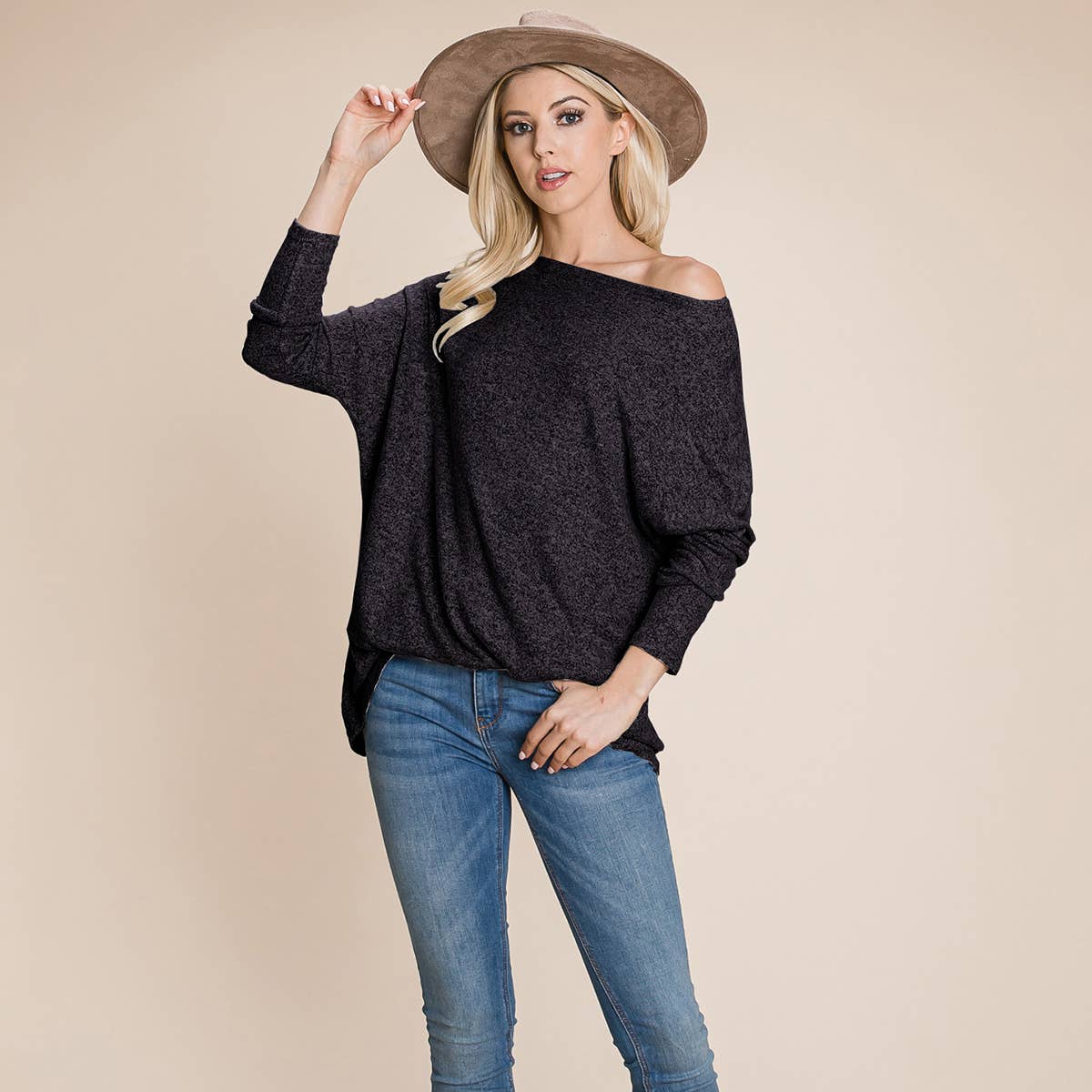 Dolman Casual  Pullover Sweater Loose Fit Knit Top: Charcoal