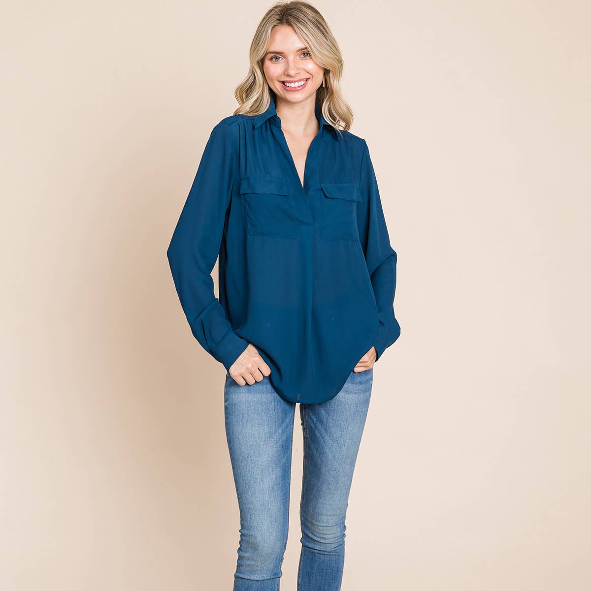 V neck Collared Pocket Detail Blouse Shirts