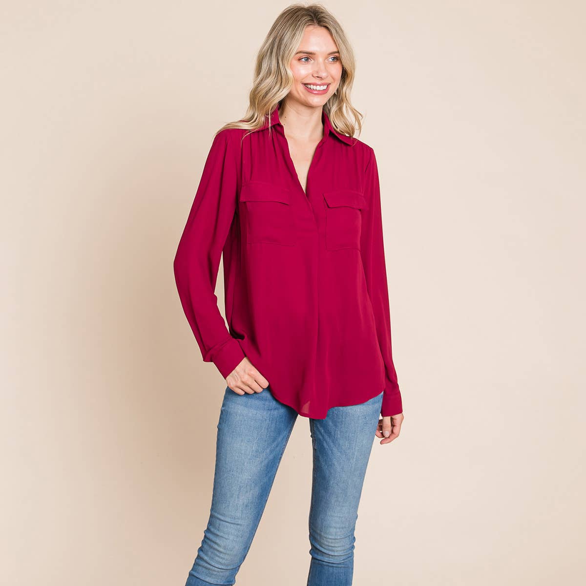 V neck Collared Pocket Detail Blouse Shirts