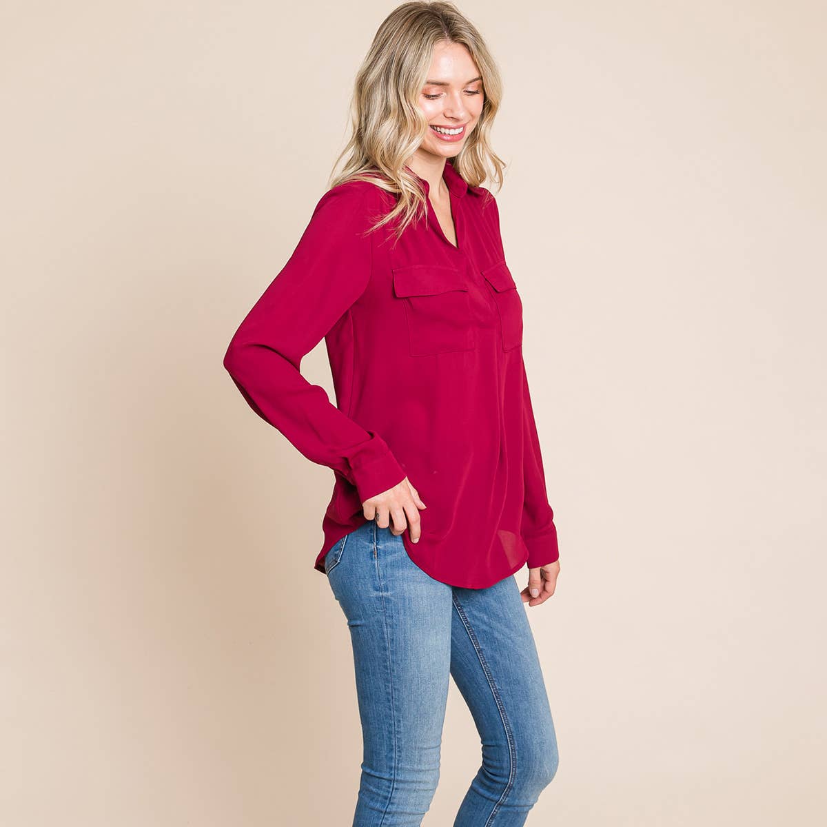 V neck Collared Pocket Detail Blouse Shirts