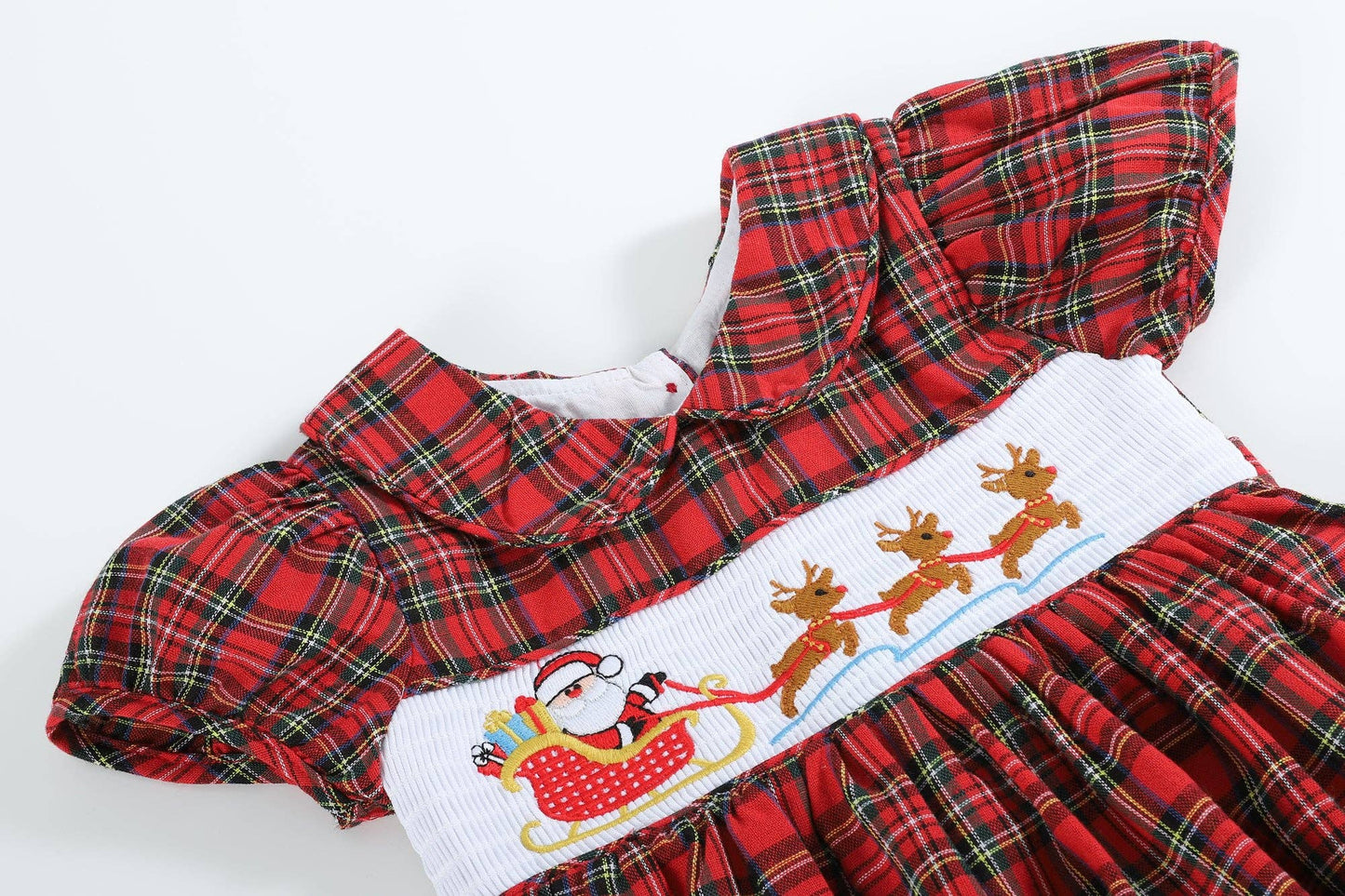 Red Christmas Plaid Santa Sleigh Smocked Dress