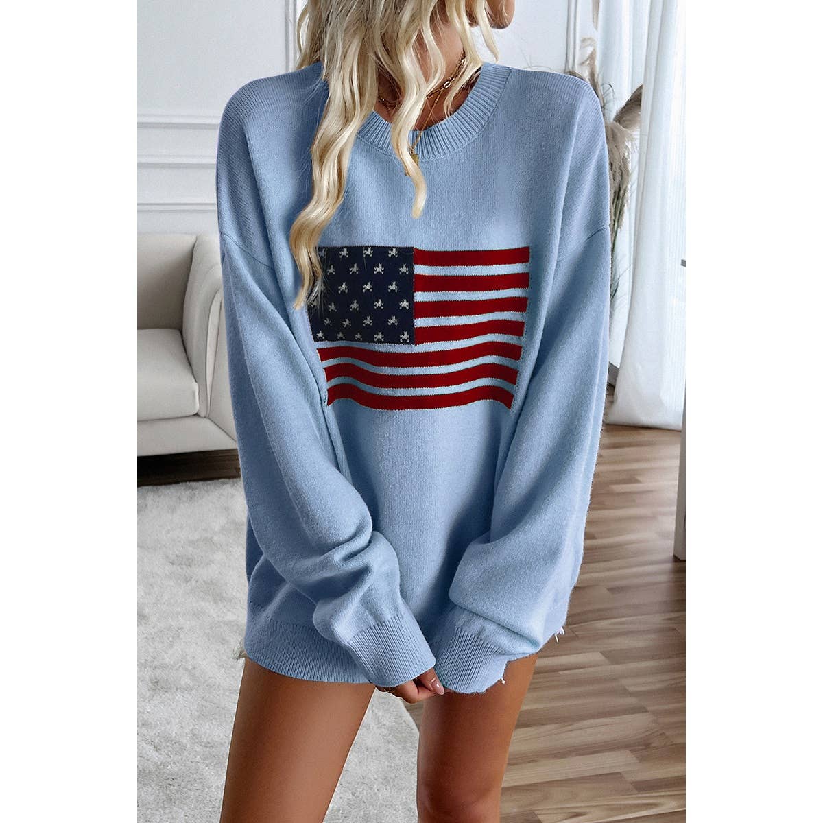 Knit Round Neck Flag Print Loose Fit Sweater: BLUE