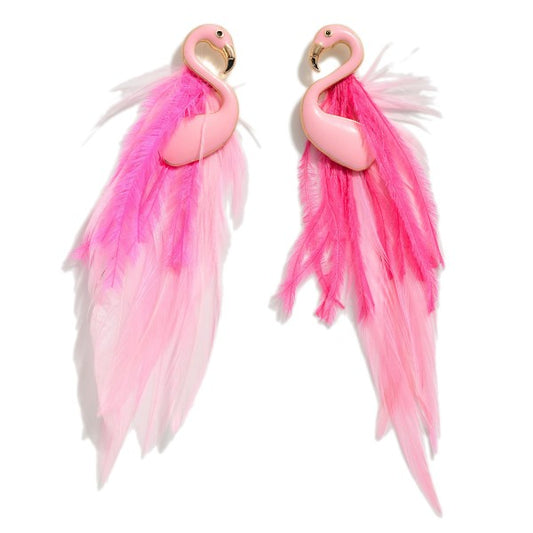 Enamel Flamingo With Feather Body Earrings