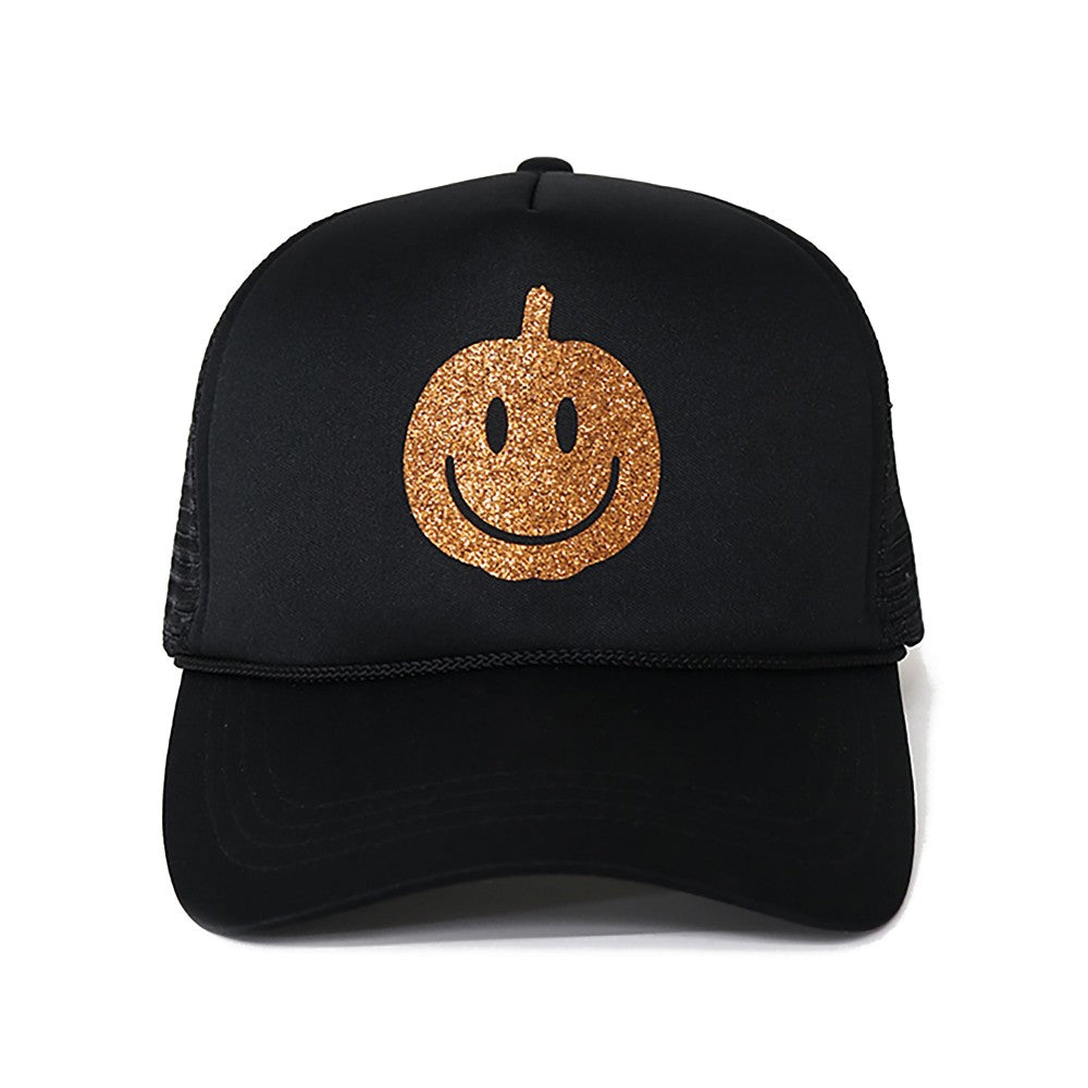 Smiley Glitter Pumpkin Trucker Hat