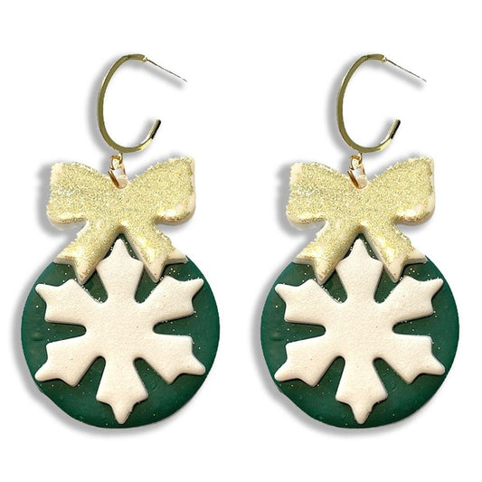 Snowflake Polymer Clay Earrings Featuring Glittered Golden Bow Accent  - Approximately 3" Long