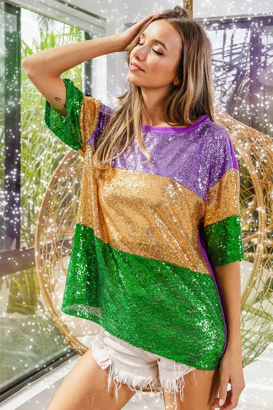 Mardi Gras Sequin Color Block Half Sleeves Top