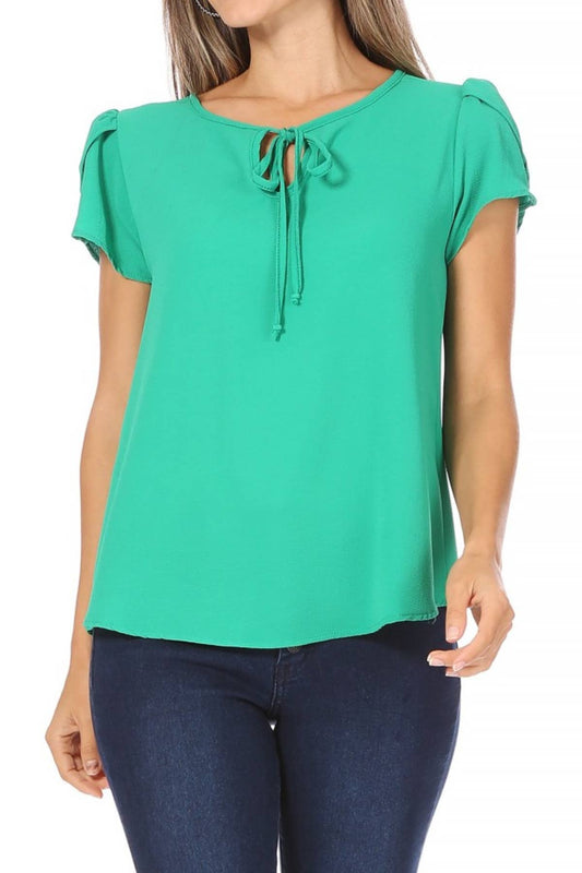 Women's Casual Solid Sleeve Tie Round Neck Blouse Top: Green