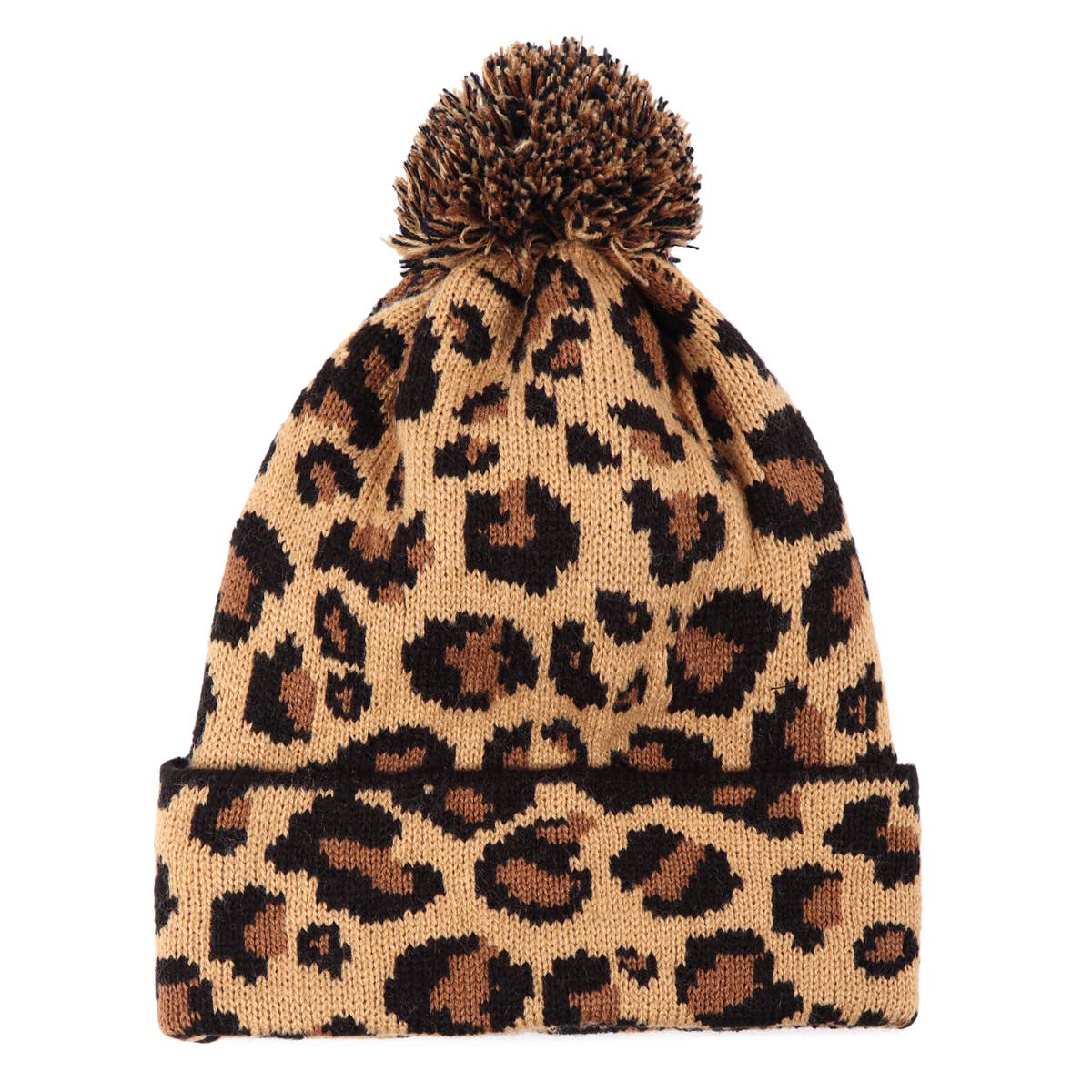 LEOPARD KNITTED POMPOM BEANIE: Brown
