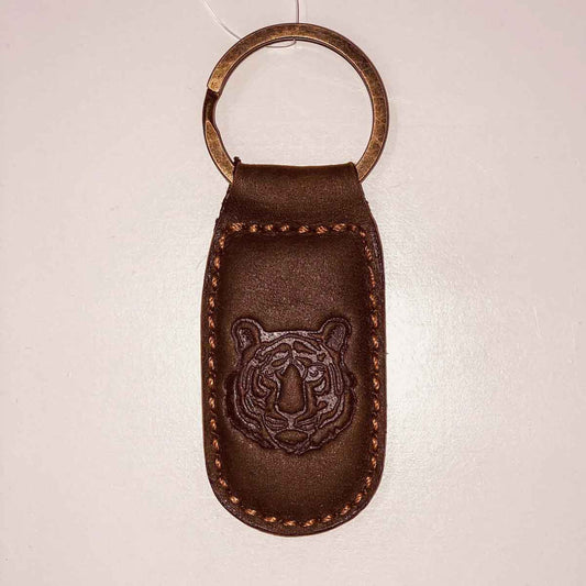 Tiger Leather Embossed Keychain   Dark Brown   1.35x2.55