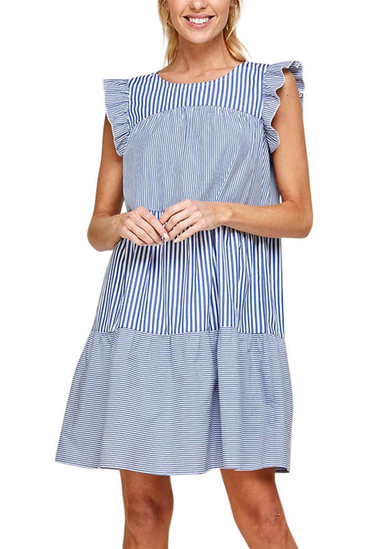 Stripe Print Ruffled Cap Sleeves Short Dress