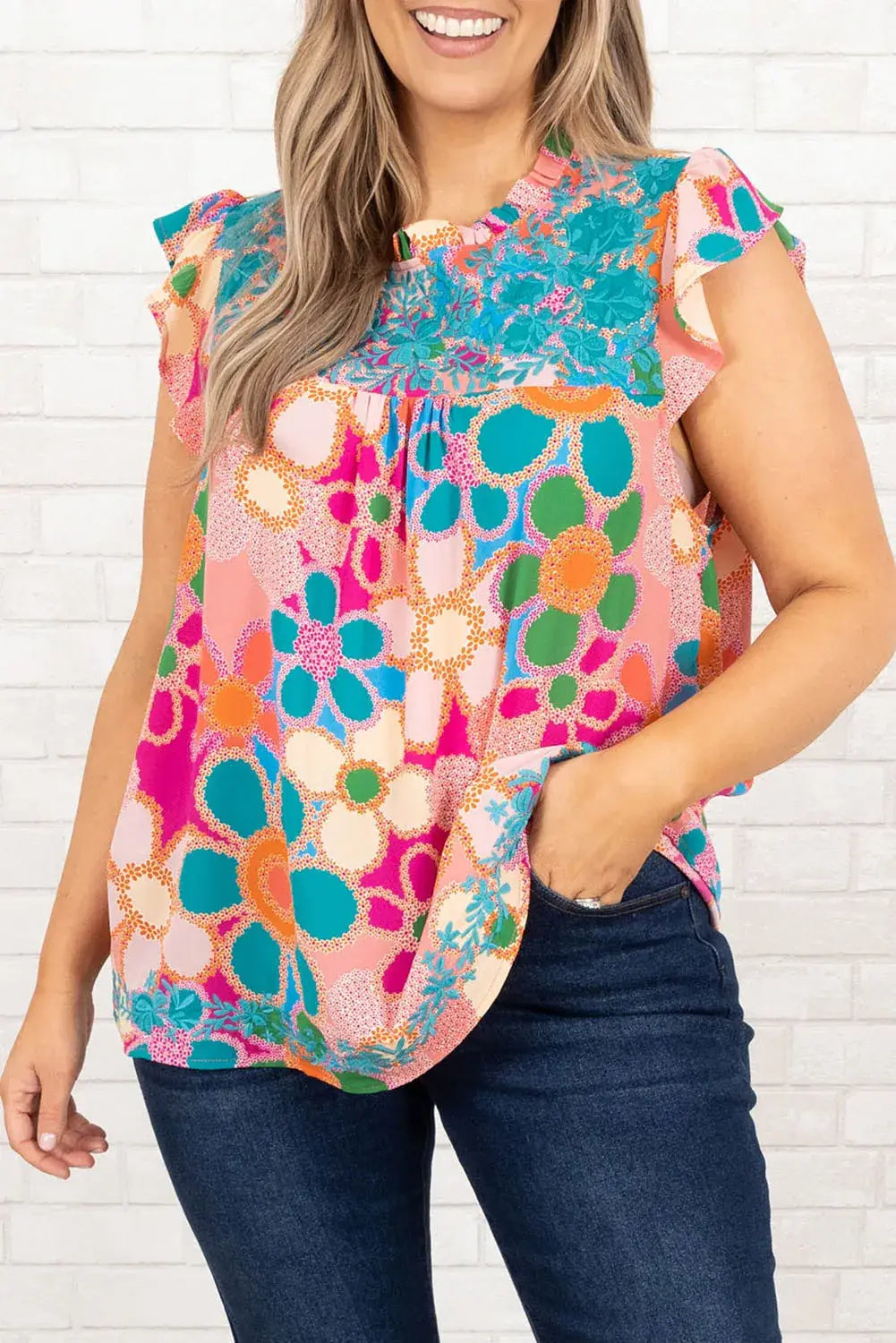 Multicolor Plus Size Floral Embroidered Flutter Sleeve Tank