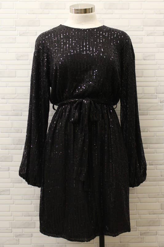 Long Sleeve Sequin Dress: BLACK
