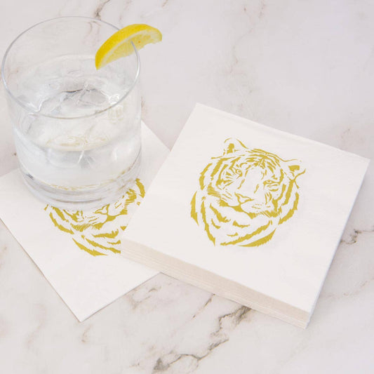 Easy Tiger Cocktail Napkins    White/Light Gold   5"