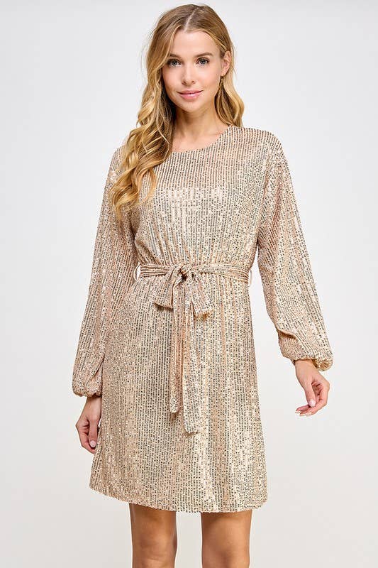 Long Sleeve Sequin Dress: GOLD