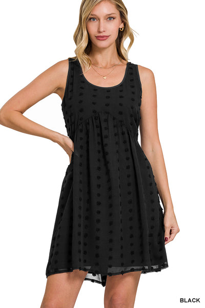 Swiss dot babydoll scoop neck sleeveless dress black