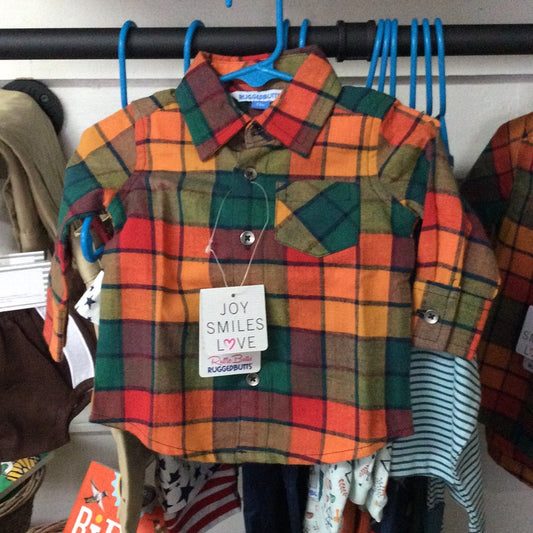 Ruggedbutts orange and green flannel shirt 18-24 month