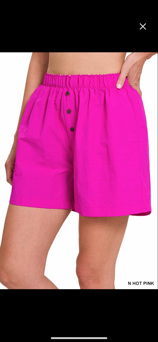 Windbreaker elastic waist front button shorts hot pink
